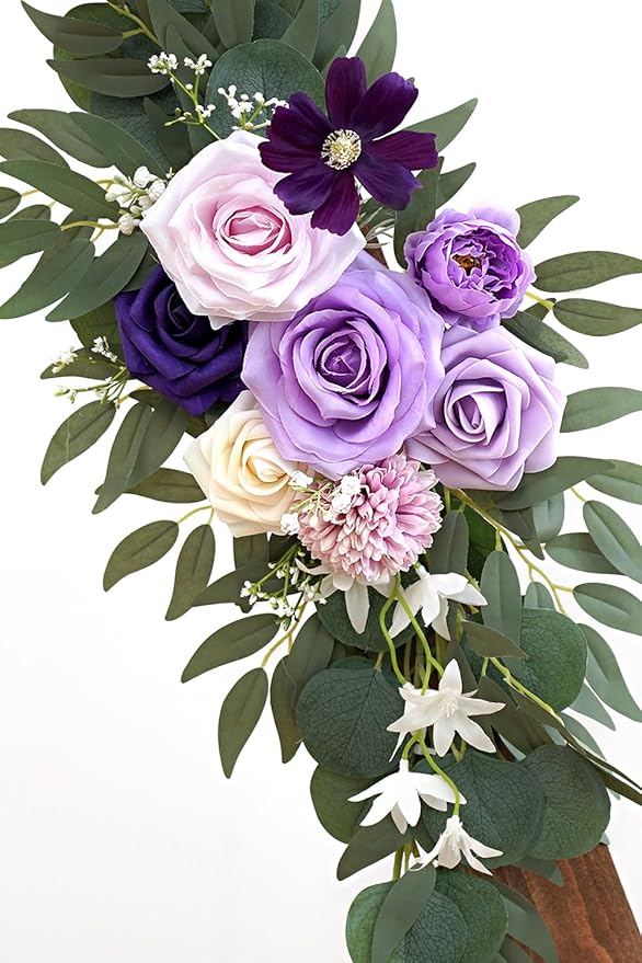 Faux Flower Swag Set of 2 for Wedding Welcome Signs Floral Decorations, Purple Wedding Arch Flowers for Wedding Ceremony (Lilac & Purple & Cream)