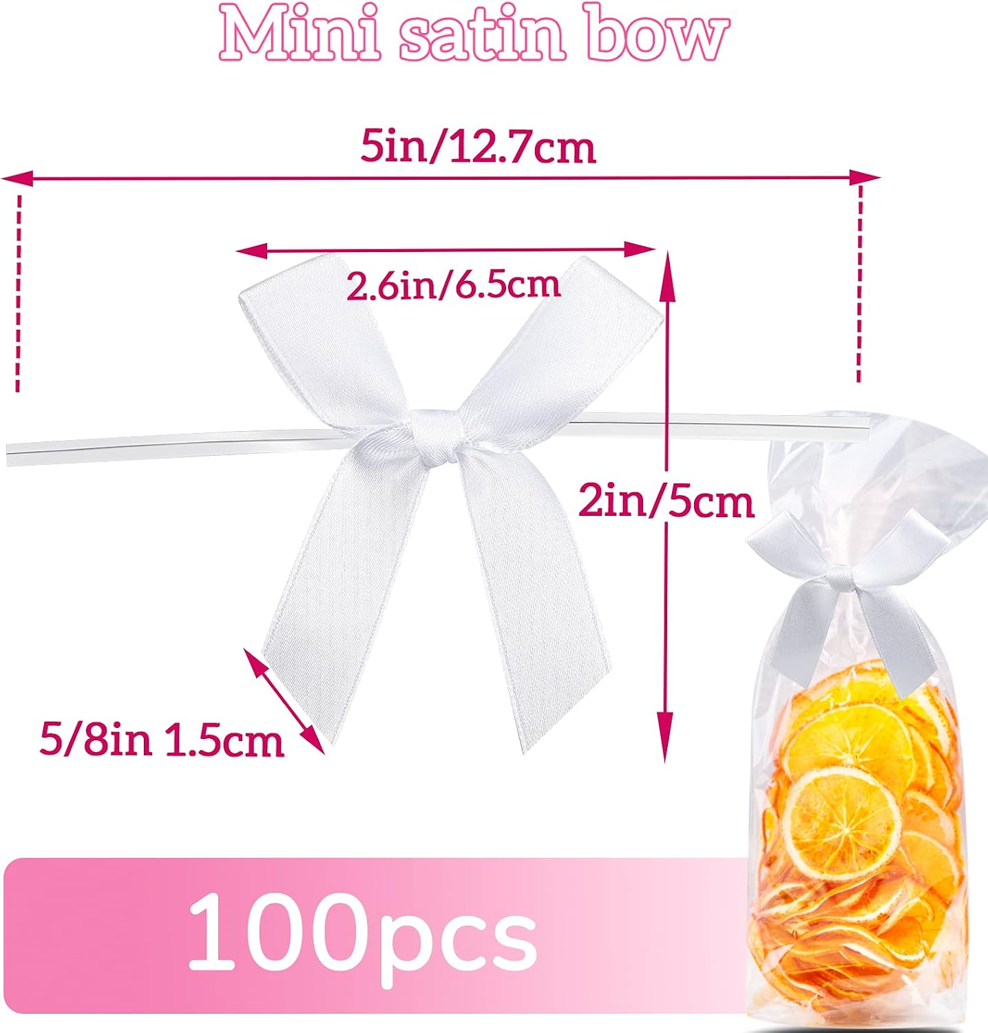 Gejoy 100 Pieces 2.6" Solid White Mini Twist Tie Bows for Gift Wrapping Pretied Satin Ribbon Bows Bags DIY Crafts for Wedding Birthday Graduation Party Favors Gift Candy Treat Cake Pop Decoration