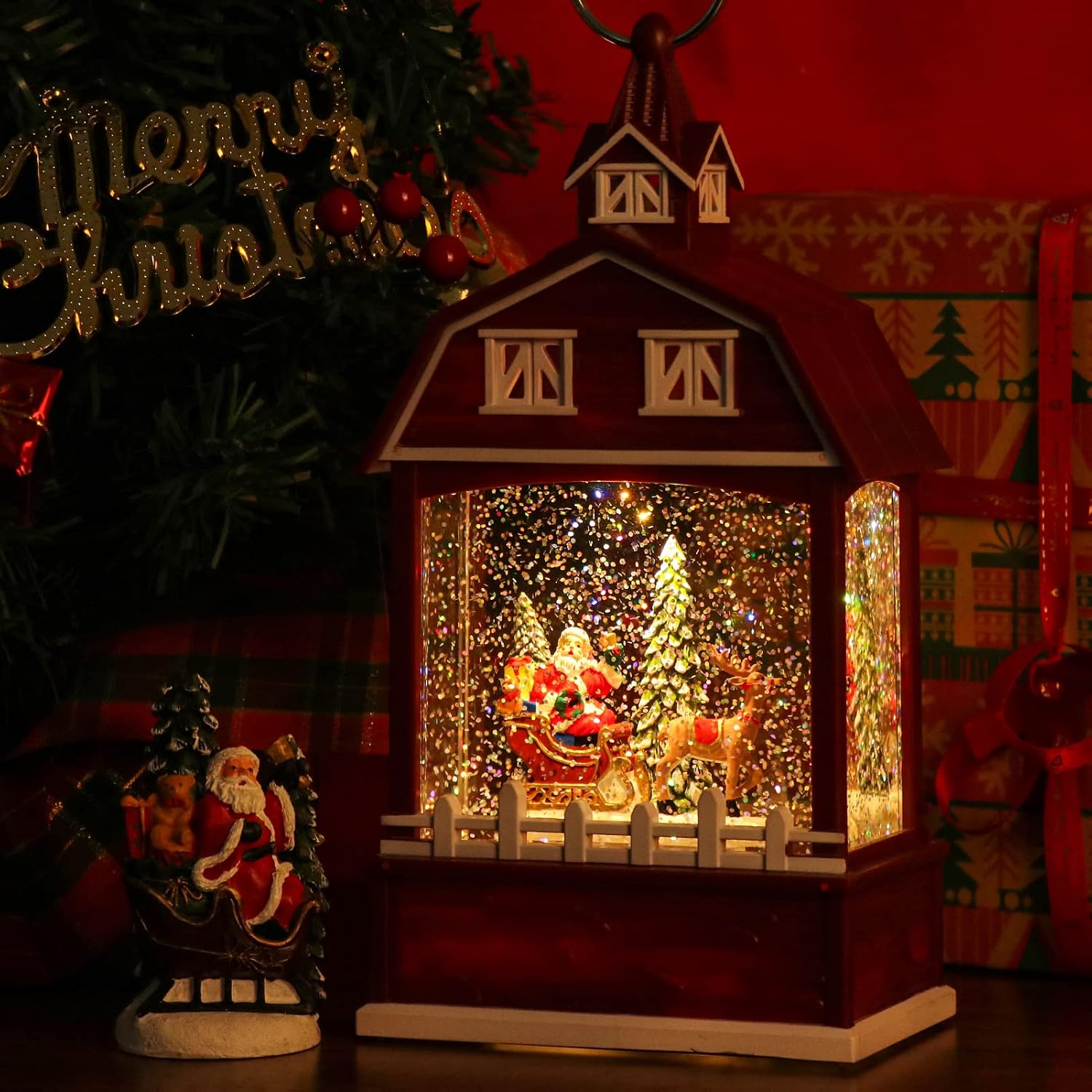 Christmas Music Snow Globe Lantern with 6 Hour Timer, USB Powered Battery Operated Lighted Water Singing Snow Globe Holiday Women Children Gift(Santa, 5 x 3.1 x 11.1 Inches)