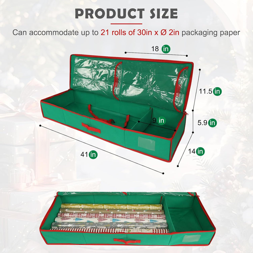 Christmas Wrapping Paper Organizer Storage Bag Containers Interior Pockets 41" Fits Up to 27 Rolls 3/8” Diam, Green