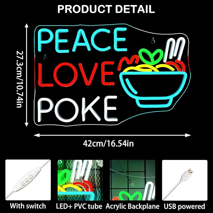 Looklight Peace Love Poke Ramen Neon Sign,Noodles Led Lights Neon Lights for Wall Decor USB Light Up Signs for Restaurant Kitchen Dinning Room Japanese Noodle Shop