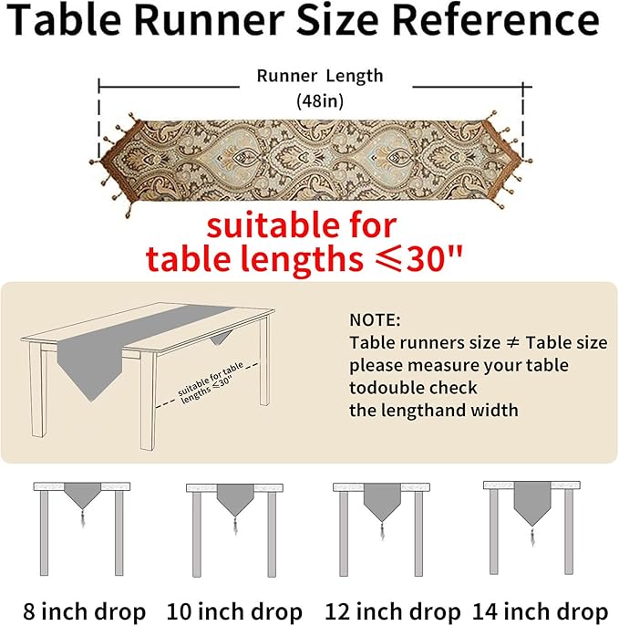 Luxury Vintage Design Table Runner 48 inches Long Embroidery Jacquard Fabric with Multi-Tassels Table Runners for Dining Room Dresser Wedding Holiday Party Fireplace Decorations (Coffee, 12X48inch)