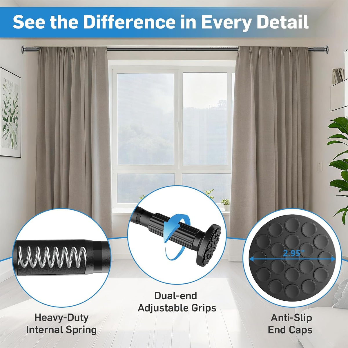 tension curtain rod 51-166 inch(4.25-13.83ft), extra long outdoor, side view