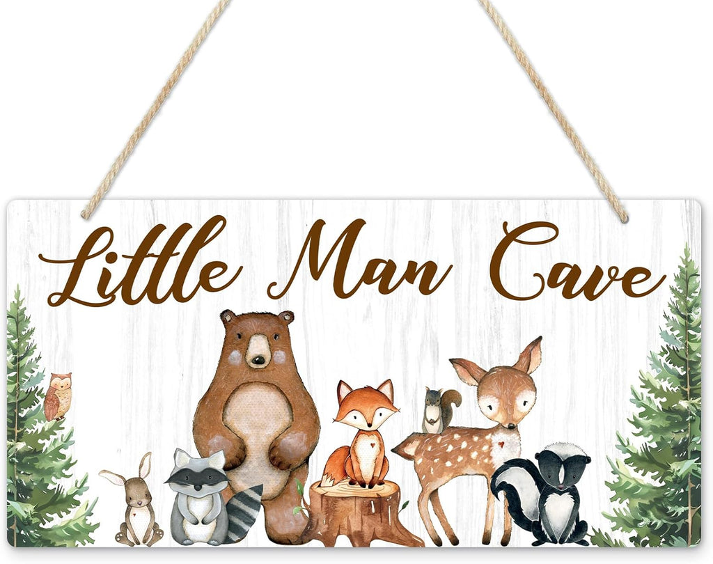 Uflashmi Wood Little Man Cave Sign, Woodland Animal Nursery Wall Decor for Baby Boys Room, Woodland Theme Nursery Room Decor for Toddler Boy, 12”x6”