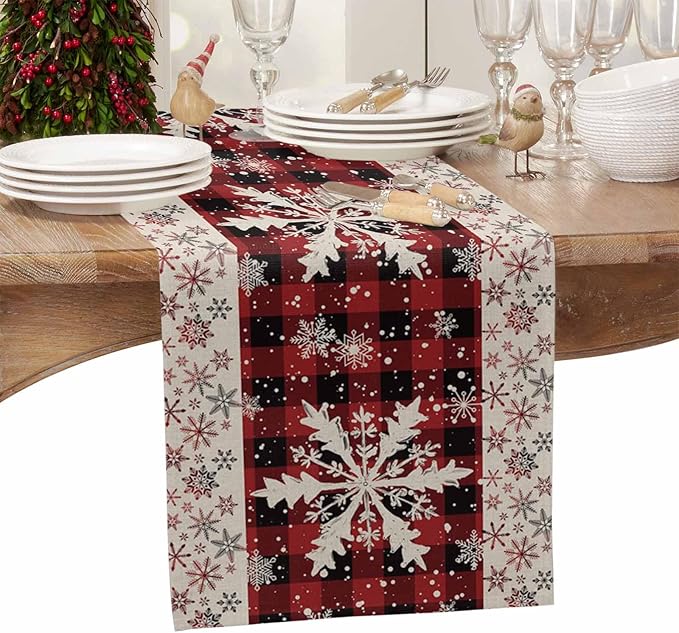 Buffalo Plaid Christmas Cotton Linen Table Runner for Dining Kitchen, Snowflake Red Black Check Wedding Outdoor Party Tablerunner Decoration, Retro Dresser Scarf Coffee Tablecloth Runners 13x48 Inches