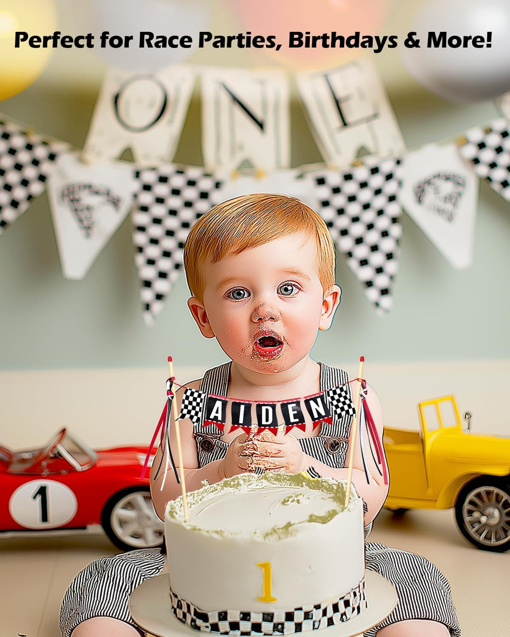 Race Car Cake Topper, Custom Name Race Car Birthday Cake Decorations, Race Car Party Decorations Checkered Flag Cake Banner