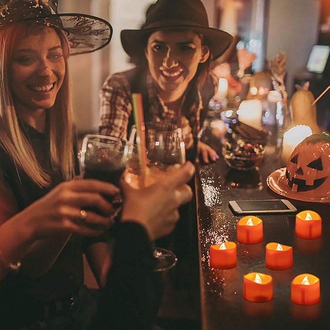 BEICHI 24 Pack Halloween Tea Lights, Realistic Orange Tea Candles, Battery Operated Flameless Tealights for Halloween, Fall Decorations