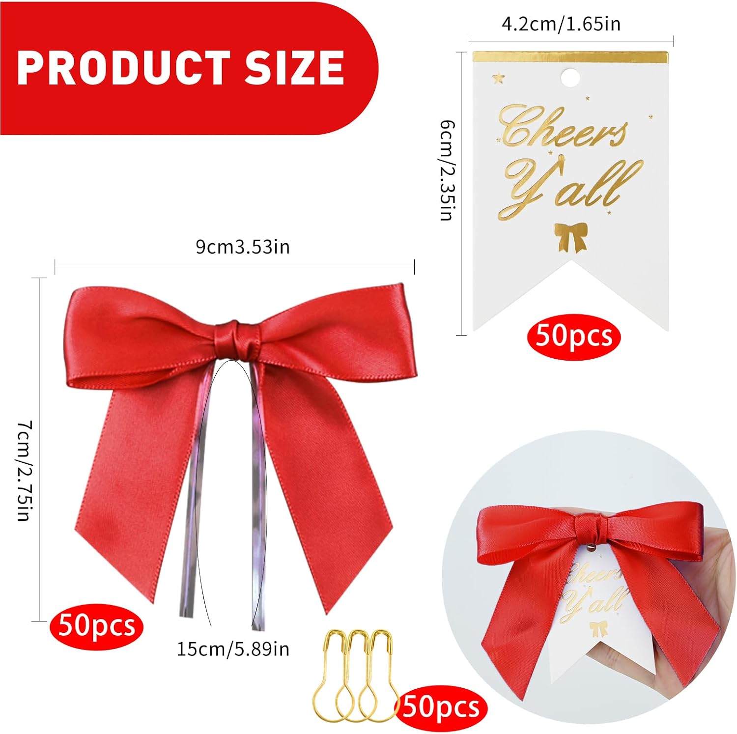 Wine Bottle Decorations Kit 50 Pcs Red Satin Ribbon Bows | Twist Tie Bows Champagne Bottle Wraps 50 "Cheers y'all" Tags and 50 Pins for Birthday Wedding Party & Holiday Decor Supplies