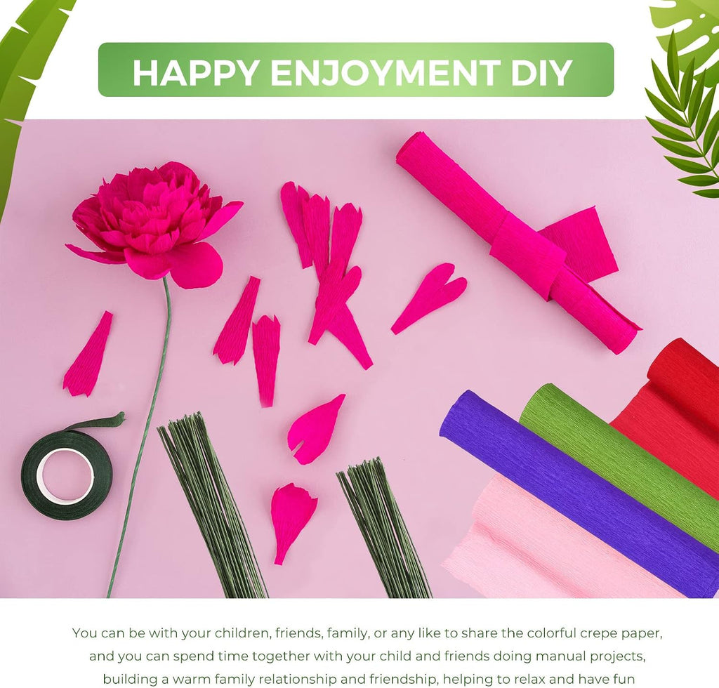 24 Rolls 15 Colors 8 ft Crepe Paper 10 Inch Crepe Paper Streamer with 50 Pcs Green Floral Iron Wire 1 Roll Green Floral Tape for Flower Making Supply Birthday Wedding Festival Ornament(Bright Colors)