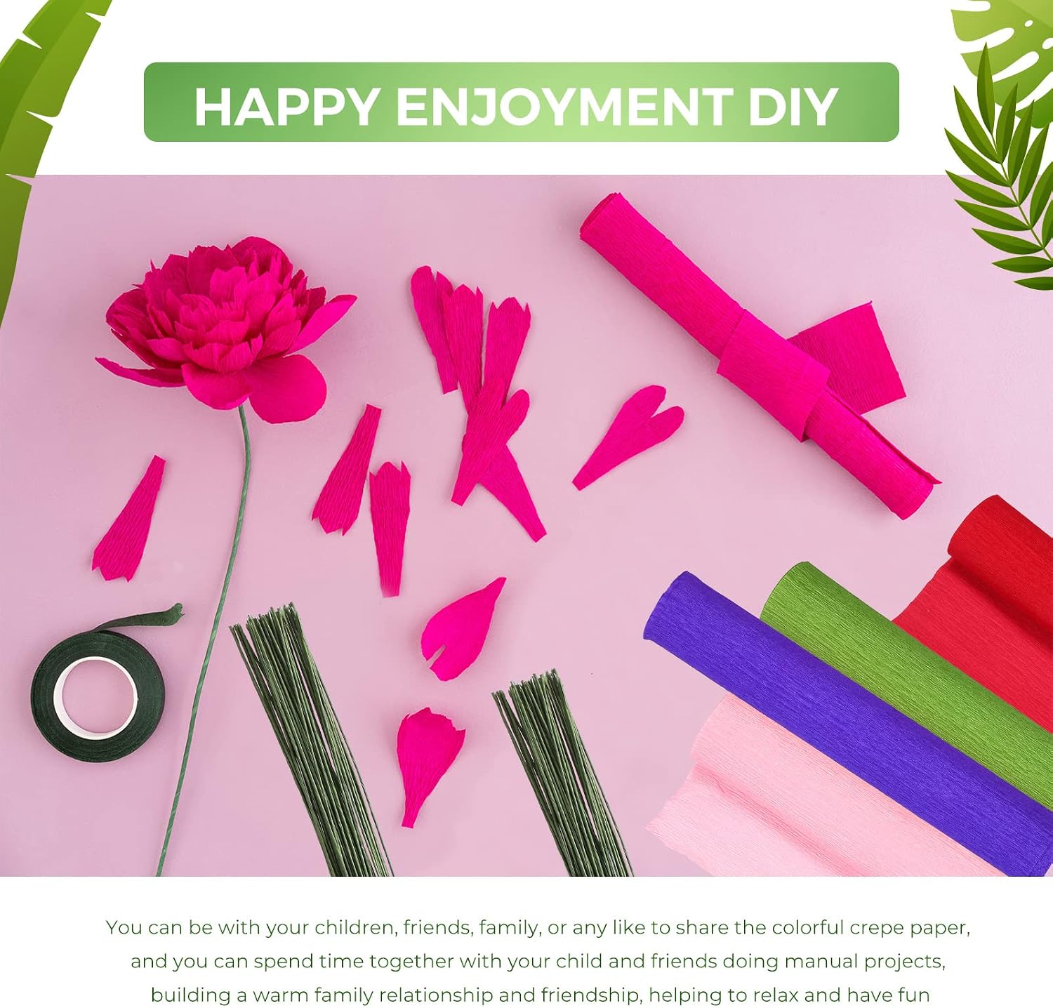 24 Rolls 15 Colors 8 ft Crepe Paper 10 Inch Crepe Paper Streamer with 50 Pcs Green Floral Iron Wire 1 Roll Green Floral Tape for Flower Making Supply Birthday Wedding Festival Ornament(Bright Colors)