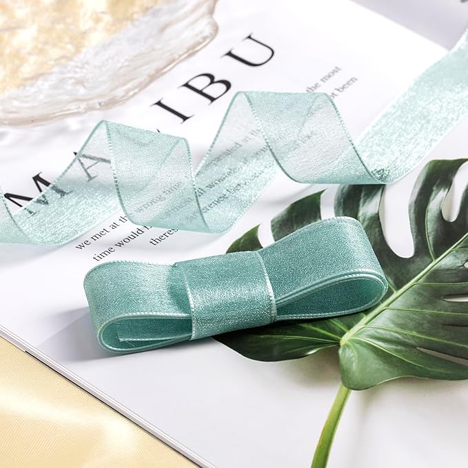 1 Inch Wide Sheer Chiffon Ribbon - Pearl Silk Woven Ribbon Suitable for Gift Wrapping, Wedding Decor, Home Decor, Girl Hair Accessories Handmade DIY (25 Yards/roll) (Light Dark Green)