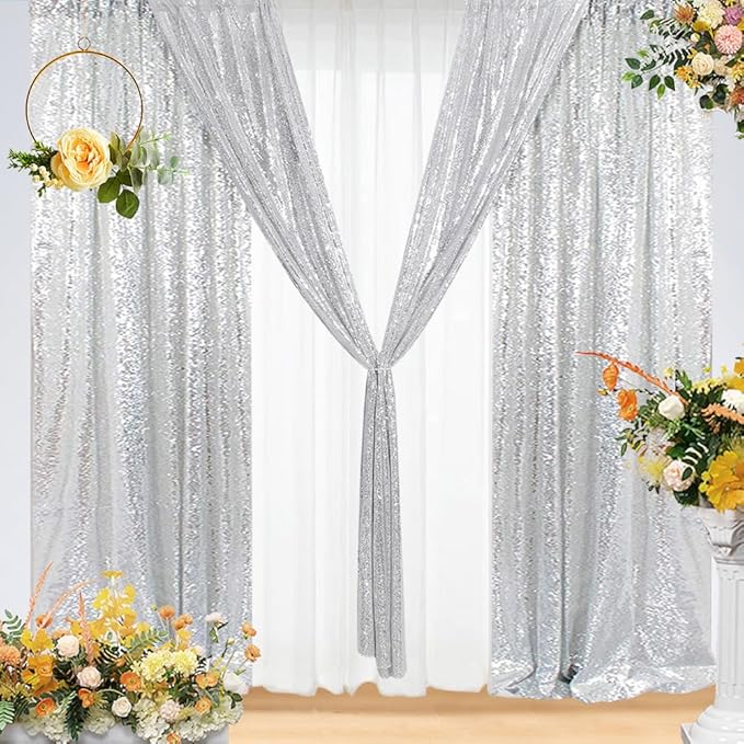 Eternal Beauty Sequin Backdrop Curtains, 2x8 Ft-2 Panels Silver Back Drop for Shimmer Photography Party Wedding Birthday Decor