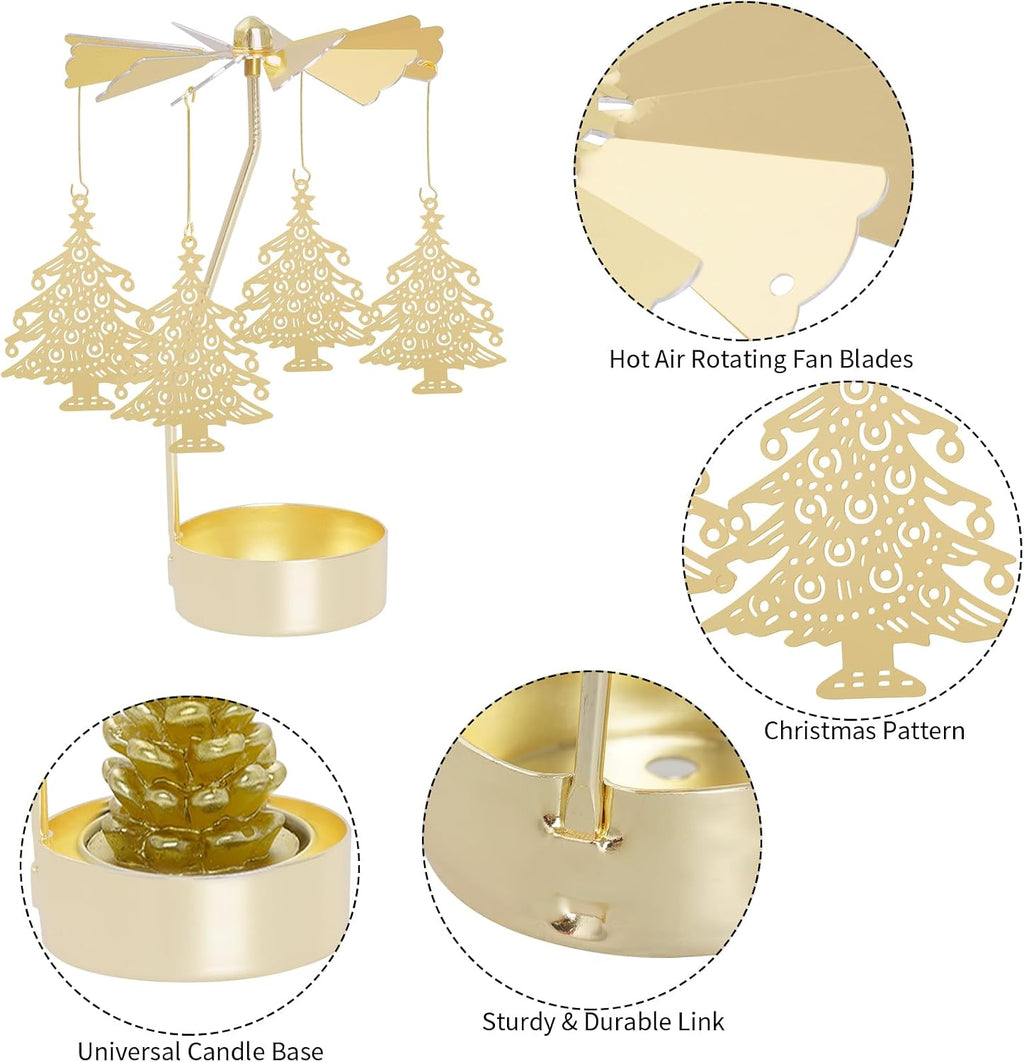 2Pcs Rotary Candle Holder Spinning Tea Light Candle Holder Gold Christmas Tree & Reindeer Style Metal Rotating Candlestick