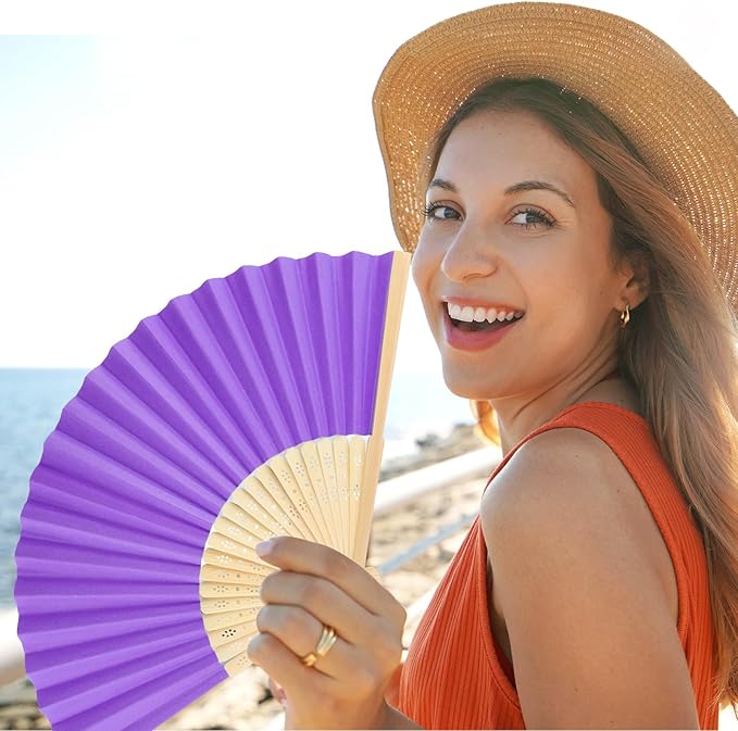 12 Pieces Purple Hand Held Bamboo Folding Fans Paper Fans Handheld for Women Foldable Girls Wedding DIY Decoration Church Home Party Favors Summer