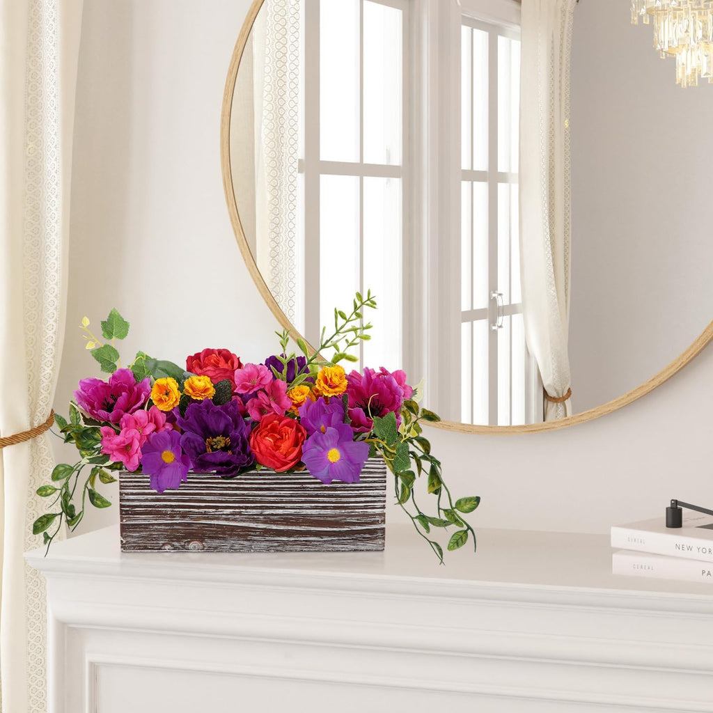 dilatata flower arrangement with wooden vase 10" artificial showing dimensions