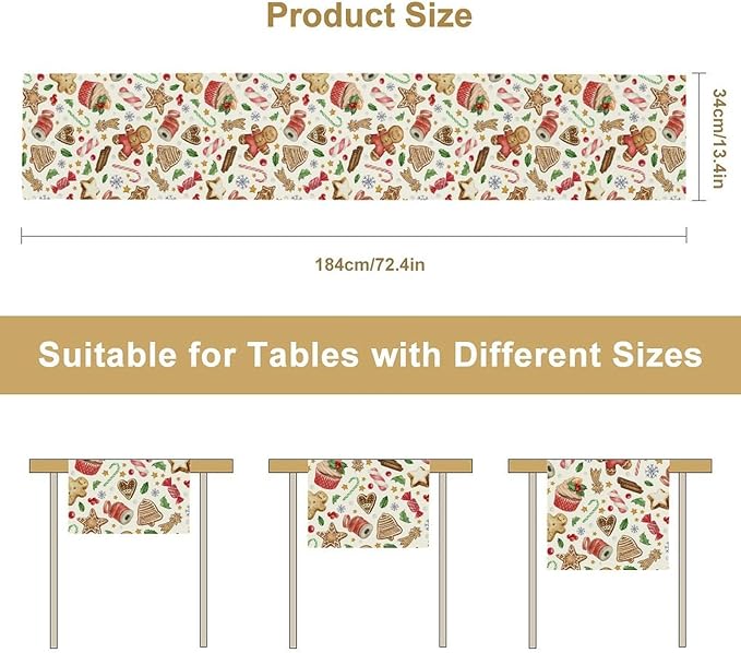 Christmas Table Runner, Christmas Gingerbread New Year Xmas Table Cloth Kitchen Dining Table Decoration for Home Party Decor 13x120 Inch