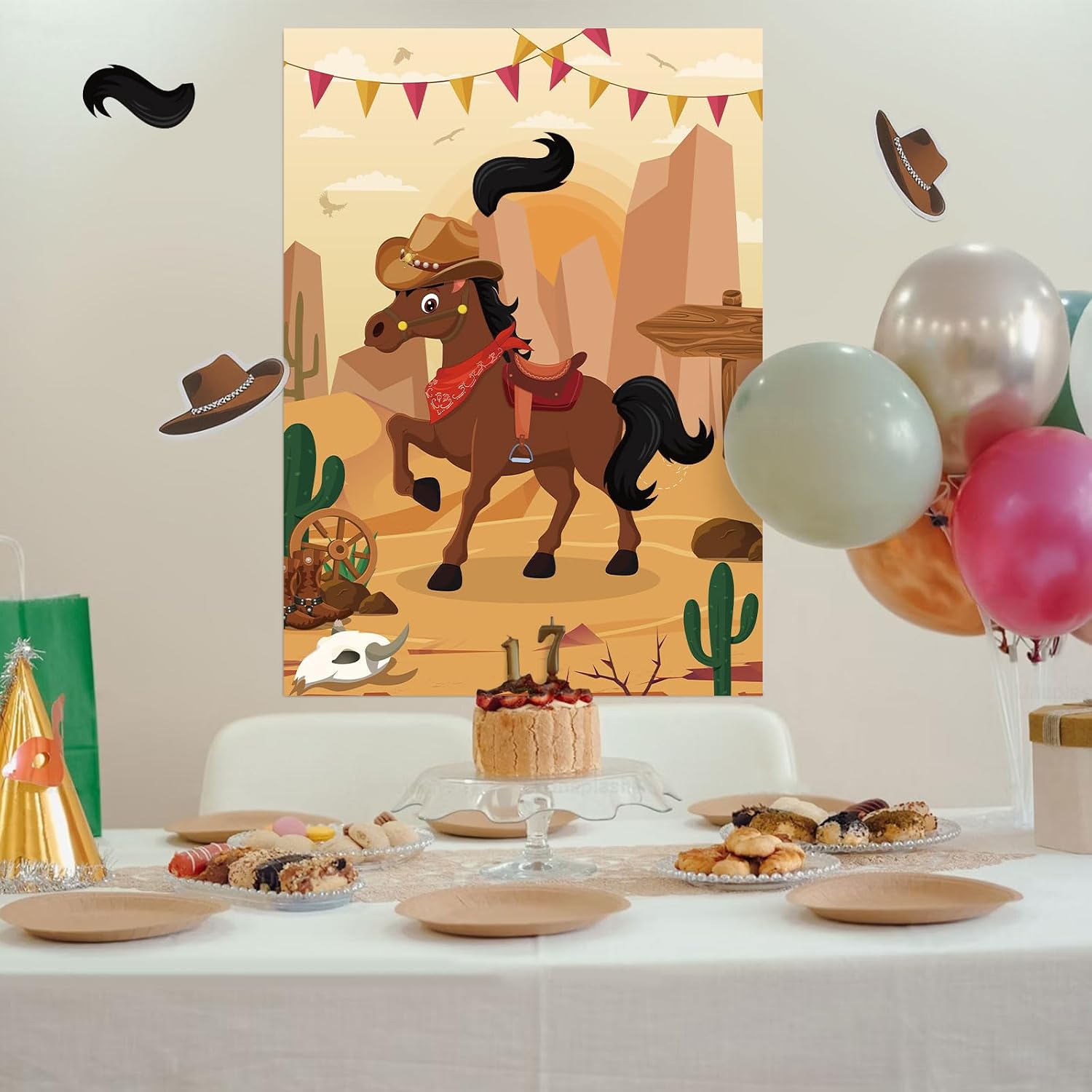 Hxezoc Pin The Tail On The Horse Game with 30 Pcs Tails Large Western Cowboy Horse Games Poster for Kids Cowboy Party Favor Western Birthday Party Carnival Party Supplies