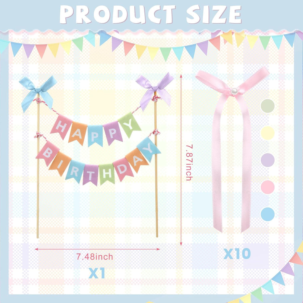 Honeydak 11 Pcs Pastel Bow Ribbon Cake Topper Happy Birthday Cake Bunting Topper with Wood Pole Handmade Pennant Flags with Bows Ribbon for Birthday, Bridal Party Decoration