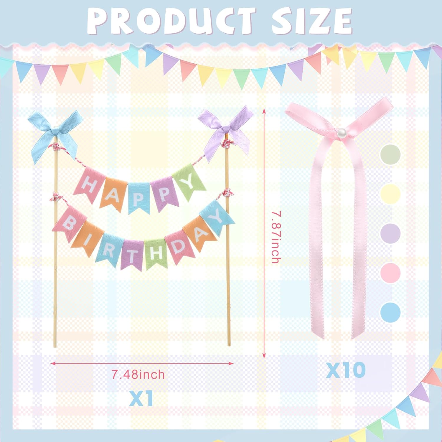 Honeydak 11 Pcs Pastel Bow Ribbon Cake Topper Happy Birthday Cake Bunting Topper with Wood Pole Handmade Pennant Flags with Bows Ribbon for Birthday, Bridal Party Decoration