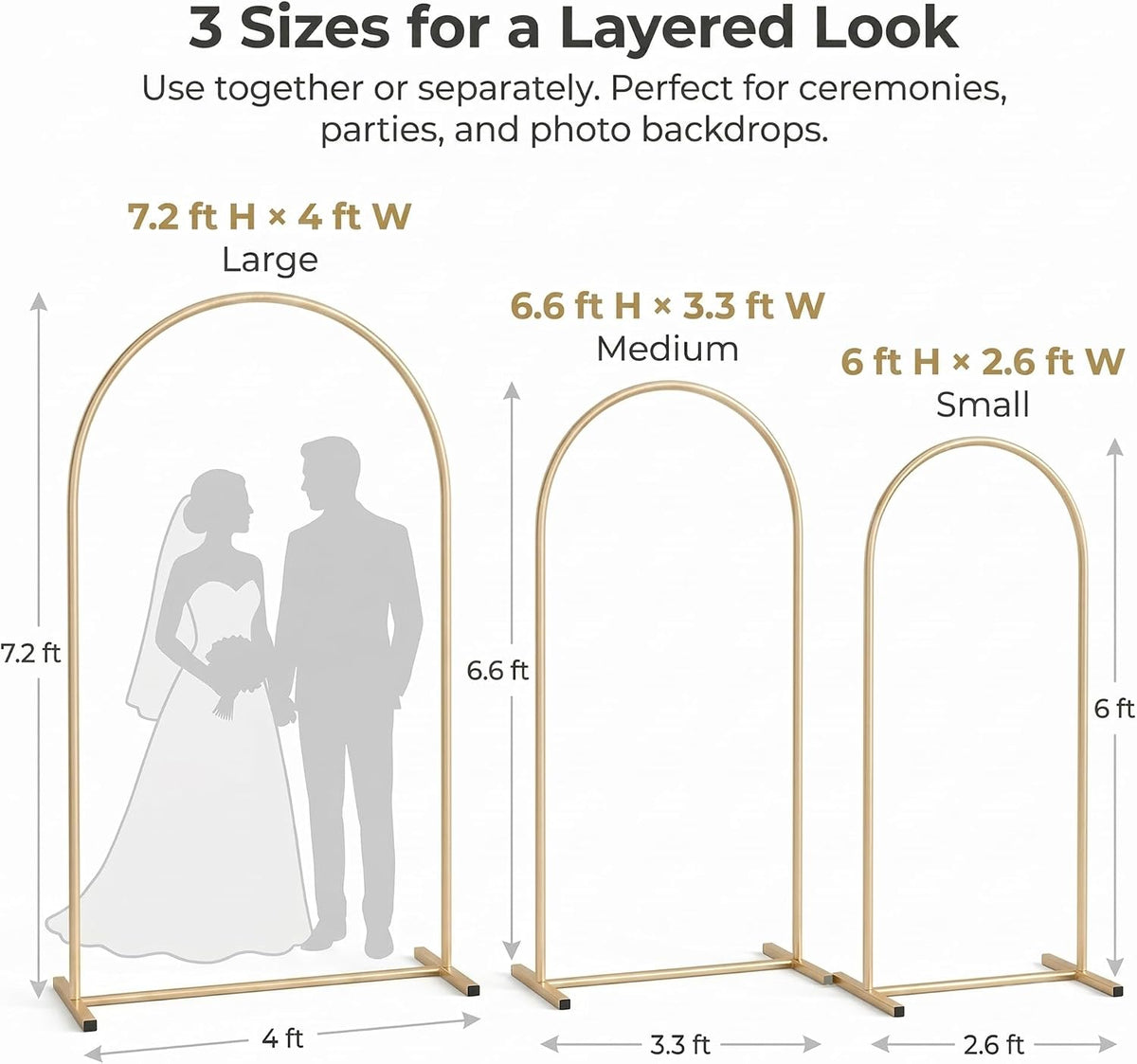 gold metal arch backdrop stand set of 3, side view