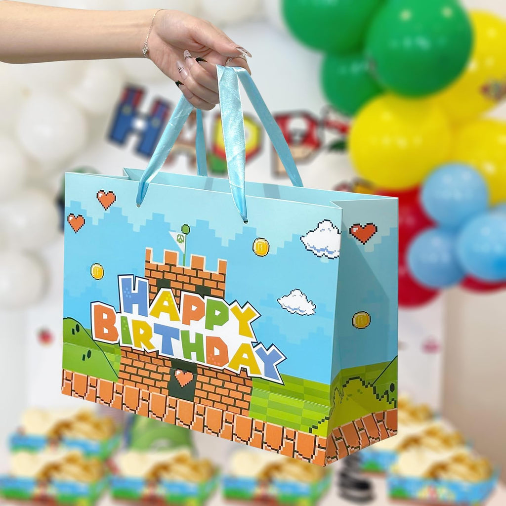 13" Large Super Brother Gift Bag Set with Greeting Card and Tissue Papers, Video Games Theme Happy Birthday Gift Bags for Birthday Party Celebration.