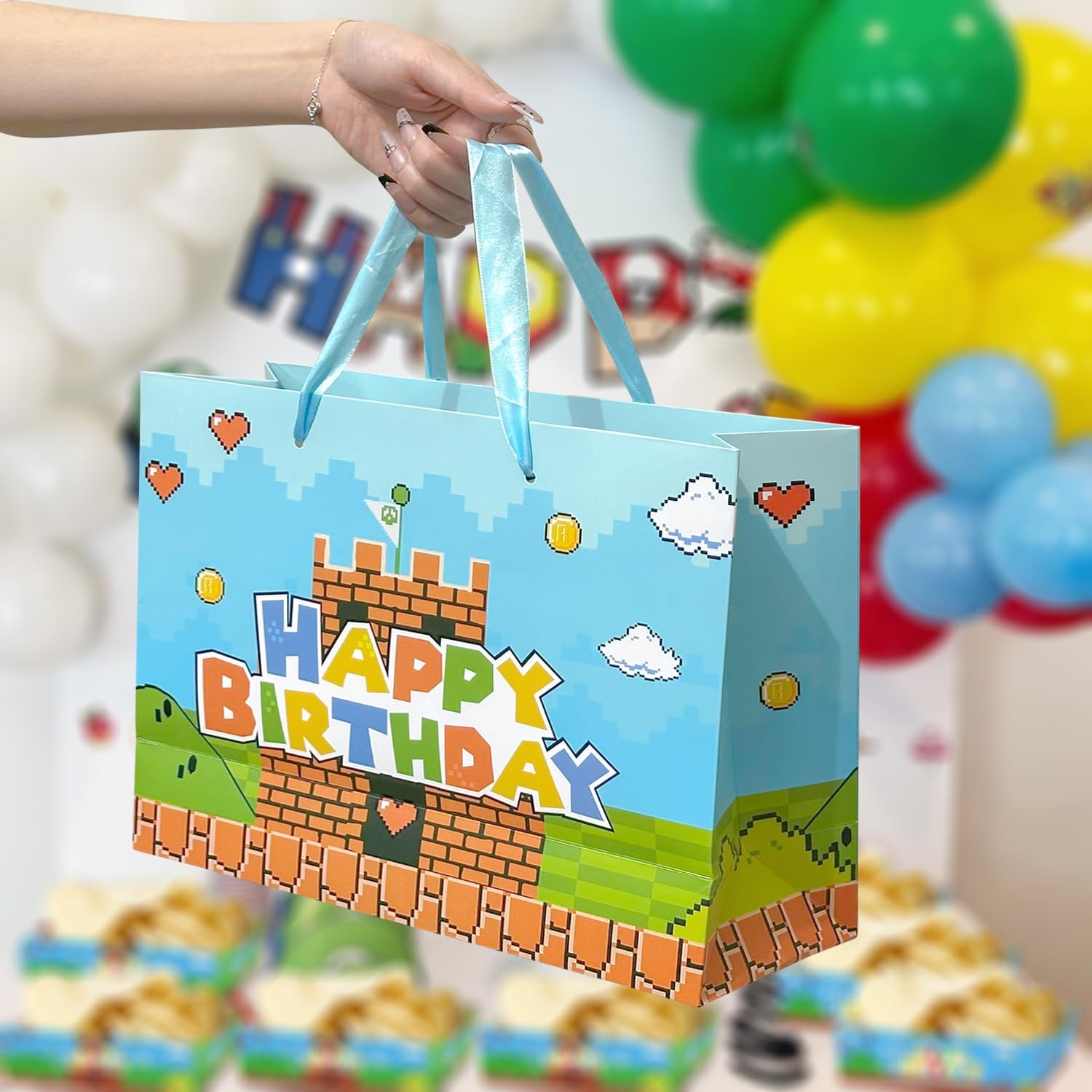 13" Large Super Brother Gift Bag Set with Greeting Card and Tissue Papers, Video Games Theme Happy Birthday Gift Bags for Birthday Party Celebration.
