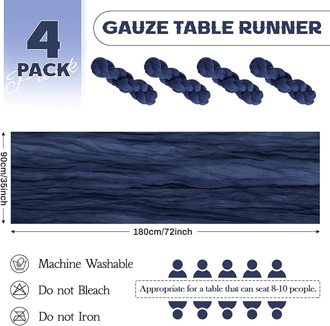Aktor 4 Pack Navy Blue Table Runner Boho Cheesecloth Table Runner Semi Sheer Gauze Fabric Runners for Wedding Birthday Baby Shower Party Boho Table Decoration（Navy Blue）
