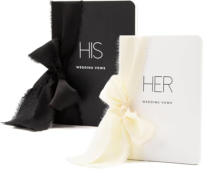 Black White His Her Slim Vow Books w/Ribbon (Set of 2) - 5.625 x 4" Minimalist Pocket Sized Modern Wedding Ceremony Vow Renewal Speech Notebook Journal