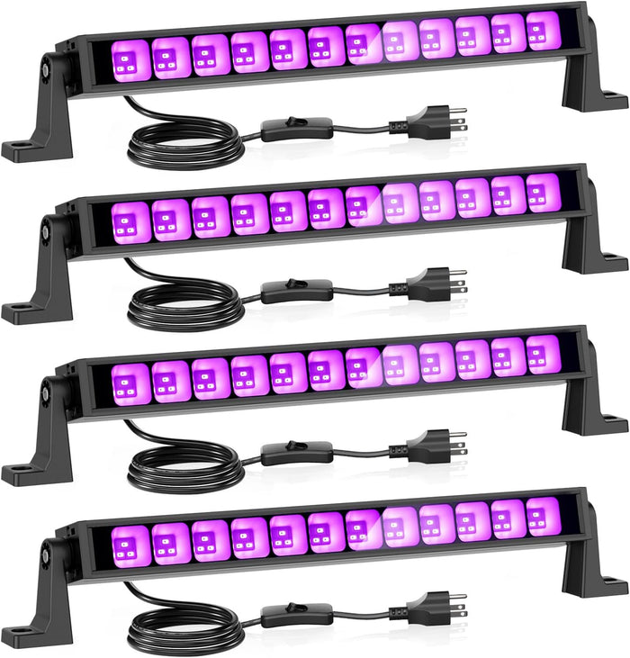 Onforu 4 Pack 42W LED Black Lights, Blacklight Bars with Plug and Switch, Glow in The Dark Party Supplies for Halloween Decorations, Bedroom, Body Paint, Stage Lighting, Poster, Black