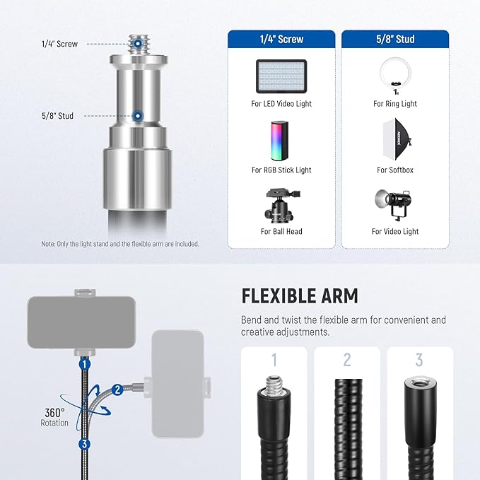 NEEWER Microphone Stand with Flexible Arm, Boom Arm Mic Floor Tripod Mount Holder with Mic Clips, 3/8" to 5/8" Adapter, Cable Clips for Singing Vlogging Live Streaming Video Recording, MS010