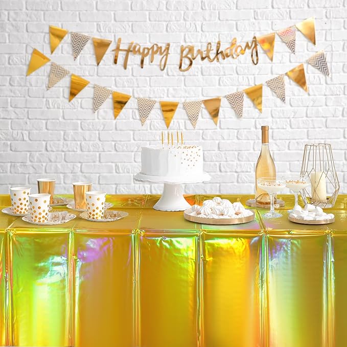8 Pack Gold Iridescent Plastic Tablecloths Shiny Disposable Laser Rectangle Table Covers Holographic Foil Tablecloth Iridescent Party Decorations Birthday Bridal Wedding Christmas, 54 x 108 Inch