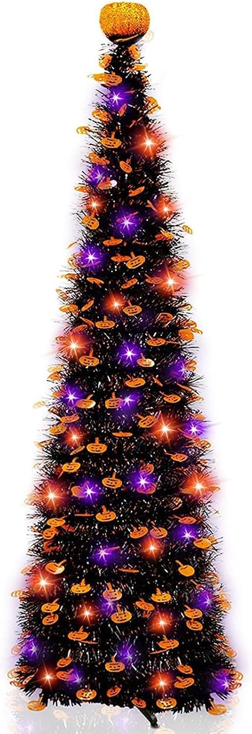 6 ft black tinsel halloween tree with lights, main product view