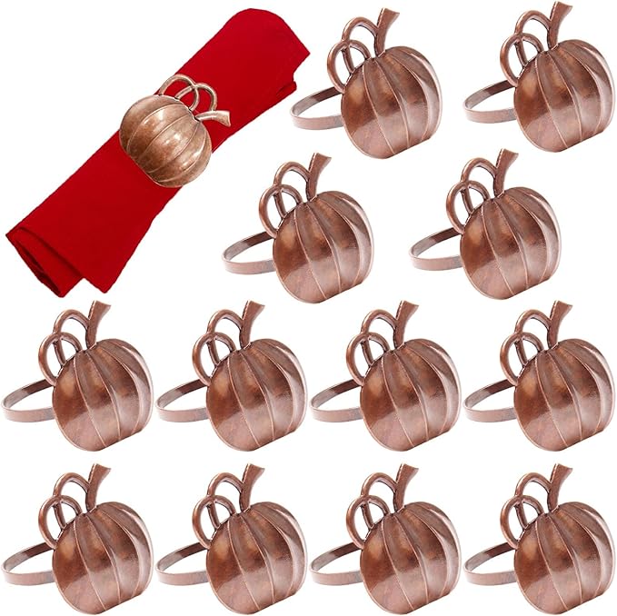 Halatool Pumpkin Napkin Rings Set of 12, Alloy Fall Napkin Rings Thanksgiving Halloween Dinner Tables Holders for Thanksgiving Weddings Holidays Gathering Dinner Party (Bronze)