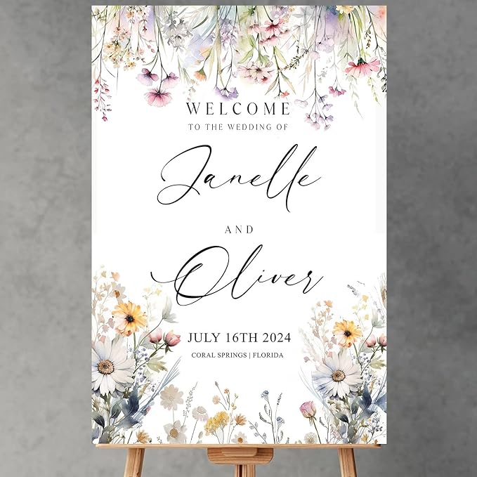 Generic Wildflower Welcome Sign, Wedding Welcome Sign, 12x18, 18x27, 24x36 Inches, Plastic, Rustic, Warm