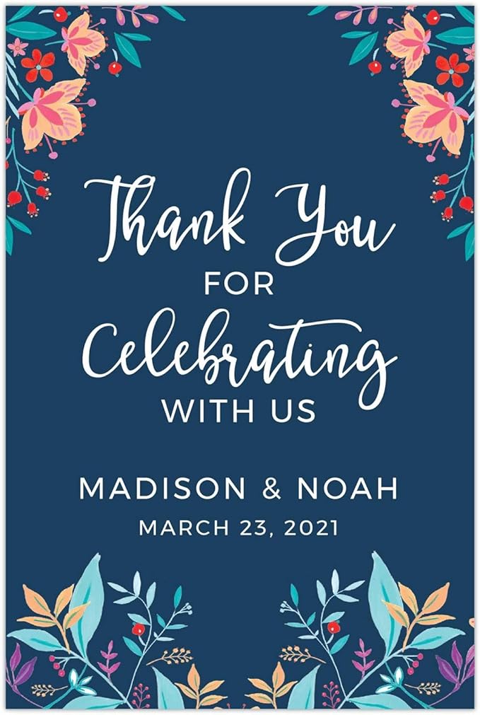 Andaz Press Personalized Extra Large Wedding Easel Board Party Sign, 12x18-inch, Vintage Bohemian Flowers on Navy Blue, Thank You for Celebrating With Us Bride Groom Name Date, 1-Pack, Custom