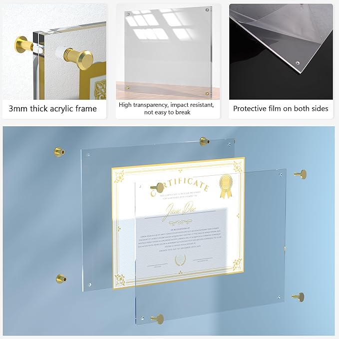 Acrylic Picture Frame for Wall, Clear Diploma Frame, No Drill Floating Frameless Photo Frame for Diploma Certificate Degree Document & Artworks Display, Graduation Gift for Students (1 Pack, 8.5X11 Straight edge)