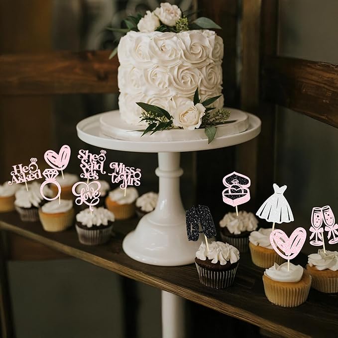 Gyufise 30Pcs She Said Yes Cupcake Toppers Glitter Diamond Ring I Do Love Cupcake Picks Miss to Mrs He Asked Bridal Shower Wedding Engagement Bachelorette Cake Decoration Light Pink