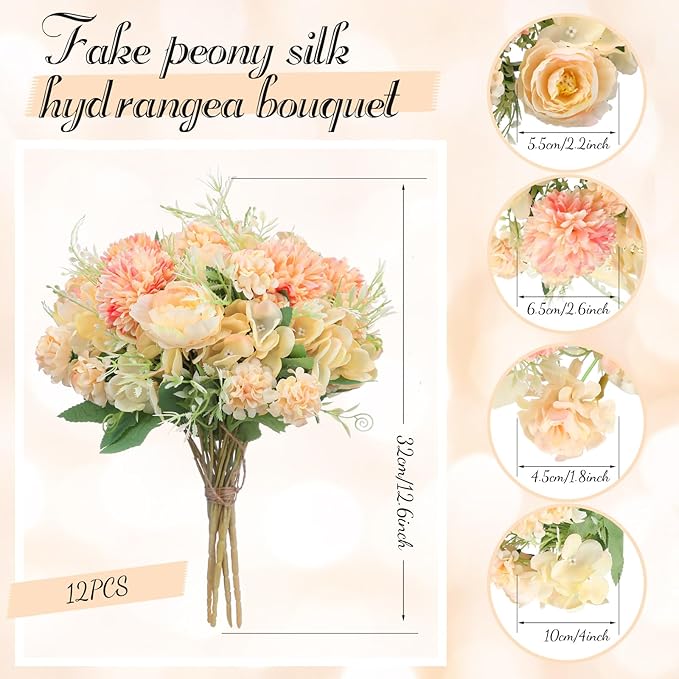 Tigeen Artificial Flowers Artificial Peonies Silk Flowers Faux Peony Fake Peony Silk Hydrangea Bouquet for Wedding Table Centerpiece Floral Vase Decor(Orange,12 Bundles)