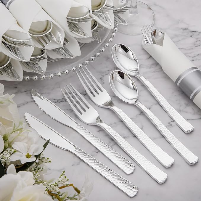 Supernal 60 Pack Pre-Rolled Silver Plastic Cutlery Heavy Duty Wrapped Silverware Disposable Premium Silver Plastic Silverware Forks and Spoons for Halloween Thanksgiving Christmas