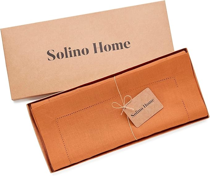 Solino Home Linen Pumpkin Table Runner 90 Inches Long - 100% Pure Linen Hemstitch 14 x 90 Inch Table Runner for Dining, Fall, Autumn, Halloween, Thanksgiving, Holiday - Classic Hemstitch