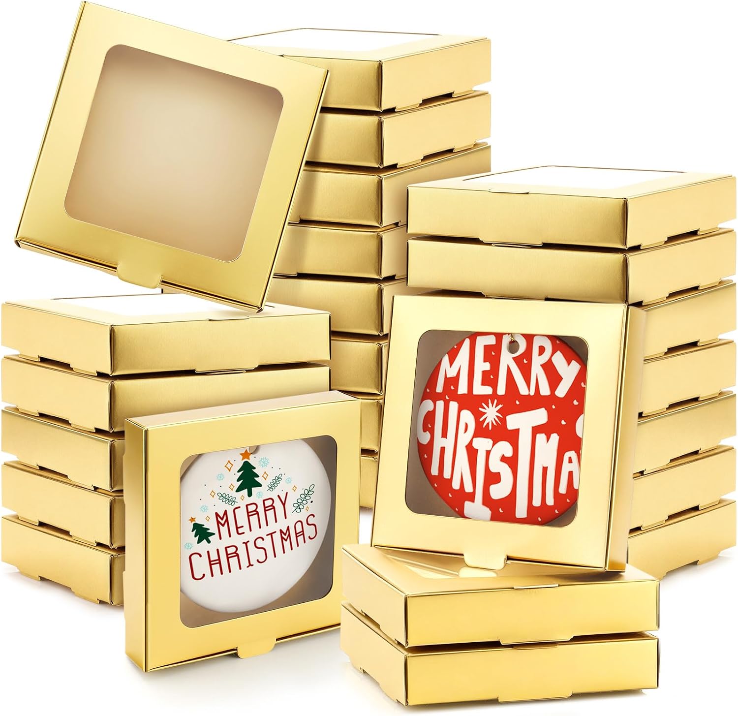 Dunzoom 25 Pcs Sublimation Ornament Blanks Gift Box 3.6"x3.6"x0.7" Christmas Ornaments Holder Ceramic Discs Packaging Box with Window for Personalized Xmas Tree Blanks Bulk (Gold)