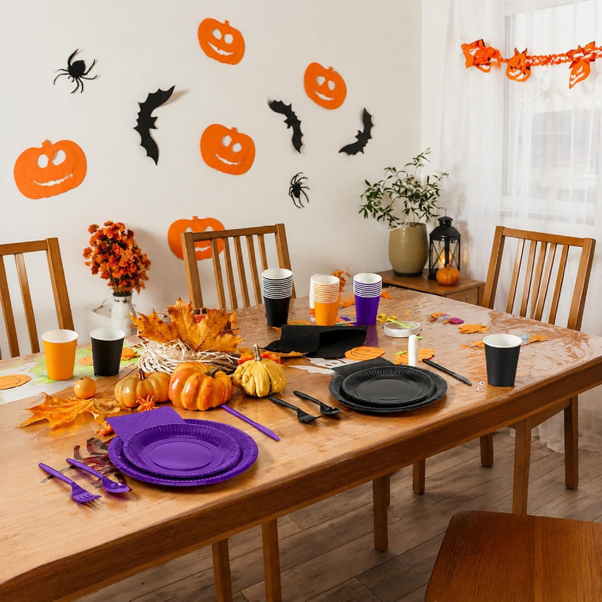 Ziliny 420 Pcs Black Orange Purple Paper Plates and Napkins Paper Cups Set