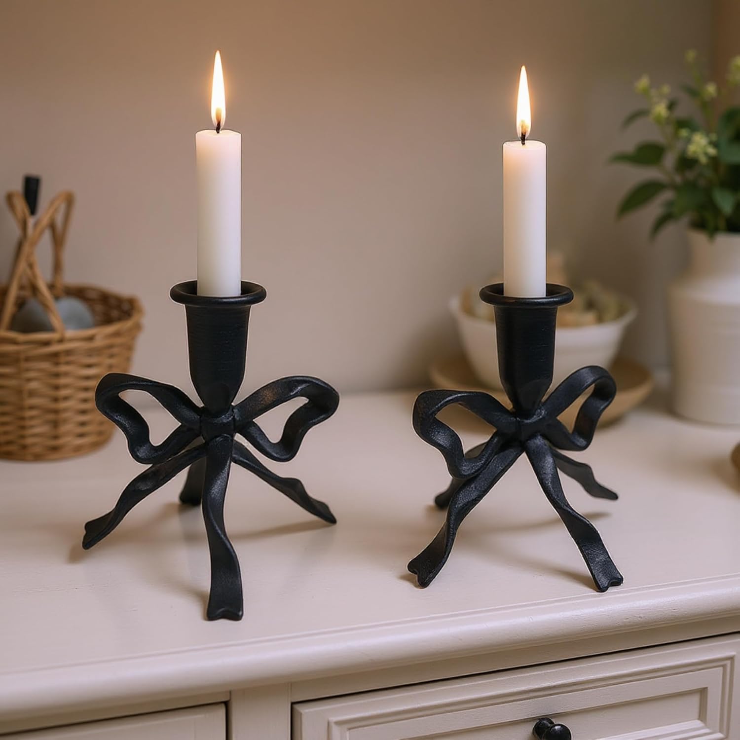 Bow Candle Holder, Bow Metal Taper Candle Holder 5" H x 4.81 W, Gold, Black, Decorative Candle Holders for Centerpiece, Table, Wedding (Black)