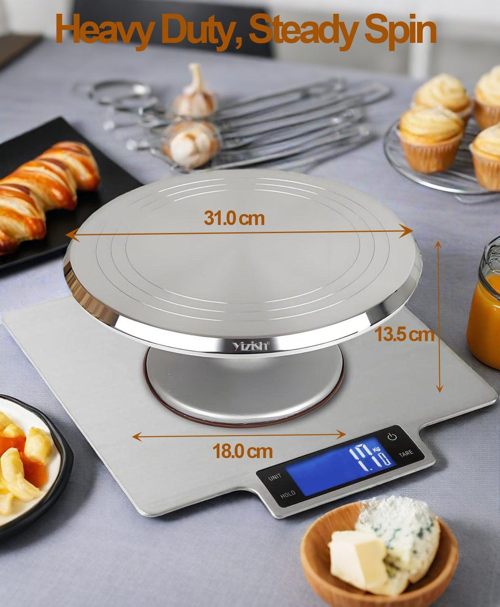 Yizish Cake Turntable Aluminum Alloy, 12 Inch Rotating Cake Stand Decorating Kits with Stainless Steel Icing Spatula (2pcs) and Icing Smoother (3pcs) for Baking, Pastries and Cupcakes