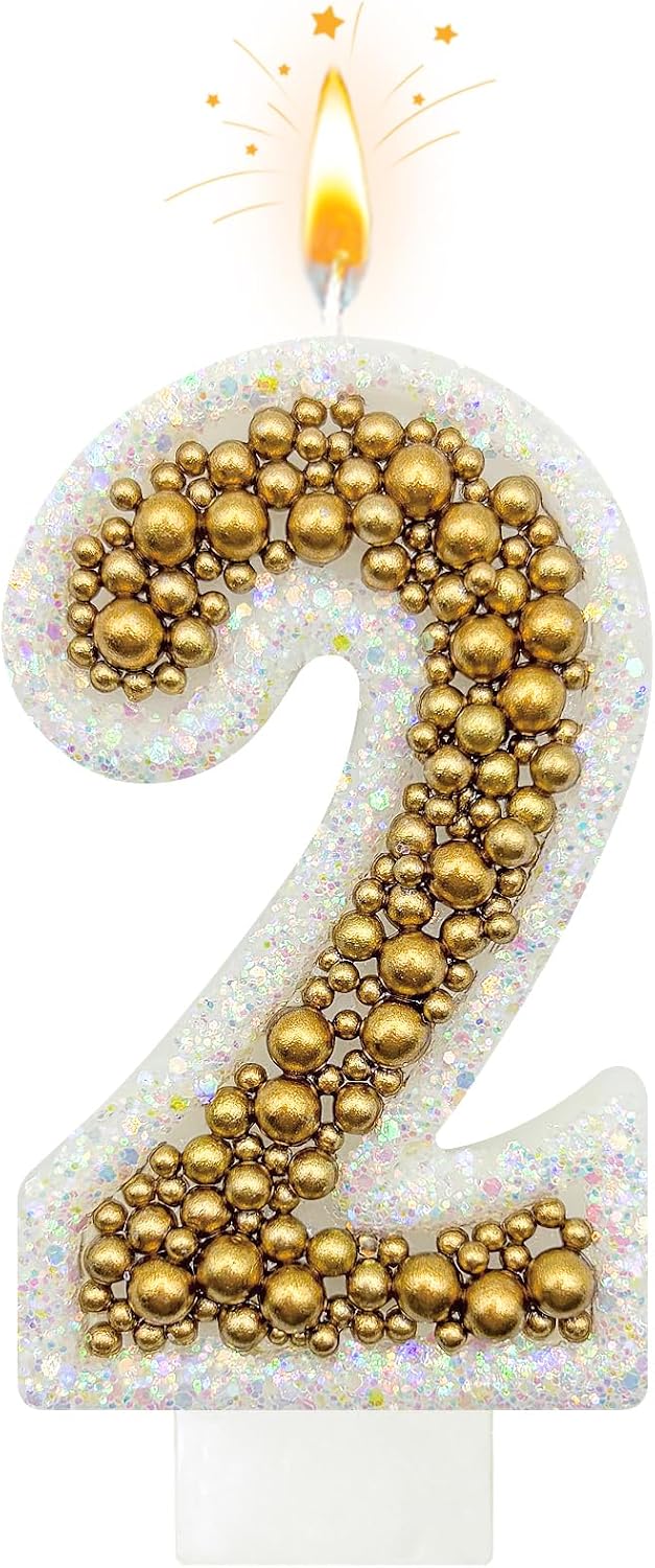 2 Birthday Number Candle for Cake, Glitter Number Candle with Gold Beads, Decorative Cake Topper for Milestone Celebrations