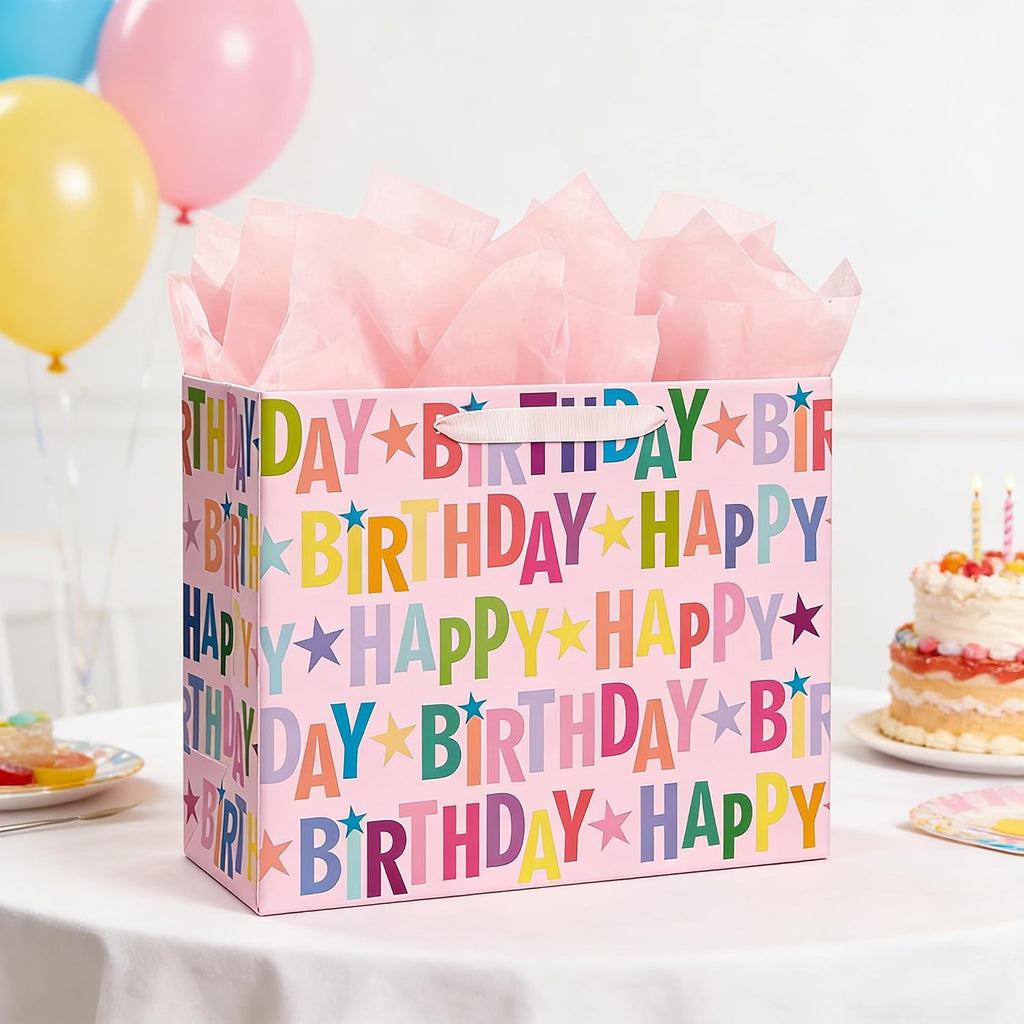 Yusenguan 13" Pink Happy Birthday Gift Bag, Colorful Lettering Design with Card, Tissue Paper and Sturdy Handles for Kids & Adults Birthday Parties