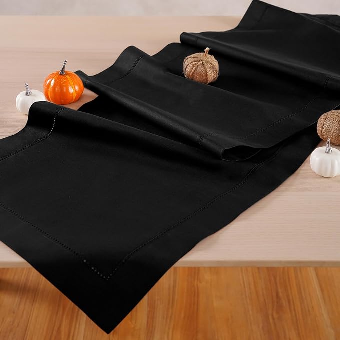 Black Table Runner 90 Inch–Cotton Linen Hemstitch Farmhouse Table Runner 14x90 – Washable Fabric for Dining, Fall, Halloween, Thanksgiving, Spring, Summer, Wedding, Everyday Décor – Serena