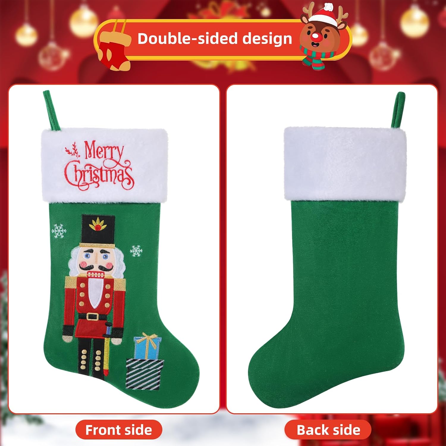 20" Christmas Stockings Nutcracker Green with Plush Cuff | Green Christmas Stocking with Nutcracker Soldier Embroidery, Fireplace Hanging Decor for Christmas Holiday Party Supplies