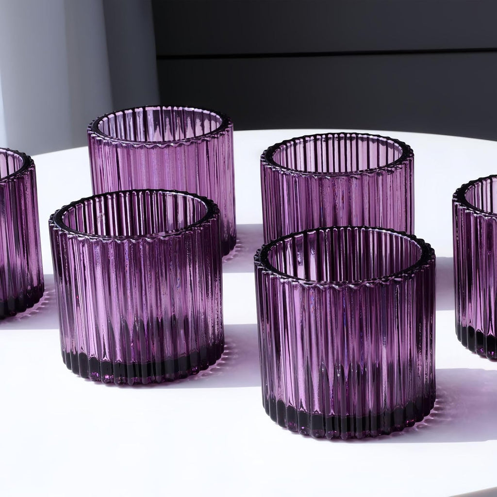 VOHO Large Votive Candle Holders for Table Centerpiece, 6pcs Purple Glass Ribbed Candle Holder for Halloween Decorations, Vintage Tealight Candle Holder for Baby Shower/Easter/Diwali(2.75"W x 2.56"H)