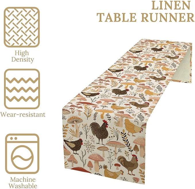 Mushroom Table Runner,Retro Natural Plant Famhouse Table Runner for Kitchen Dining Table Home Party Decoration 13x90 Inch